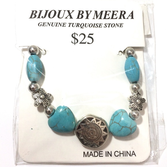 Bijoux By Meera Genuine Turquoise Stone Bracelet Silver Tone adjustable length - Picture 2 of 3